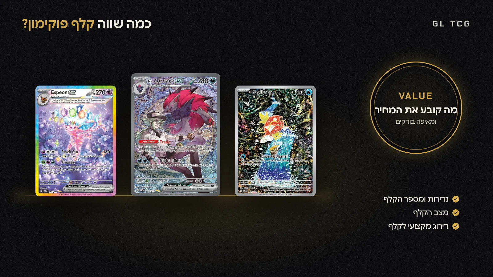 שלושה קלפי פוקימון באיור מלא על מדף זהב, עם הכיתוב כמה שווה קלף פוקימון